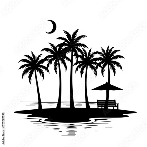silhouette of palm trees on the beach, palm, beach, tree, island, sea, summer, tropical, vector, sun, ocean, travel, nature, illustration, landscape, water, silhouette, paradise, sand, vacation, holid