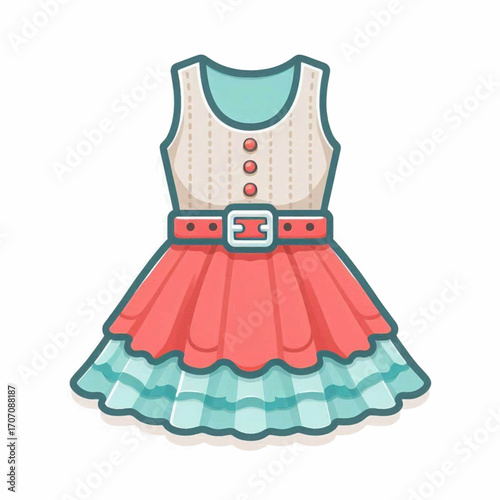 Cartoon dress features a pink skirt belt and teal frill with a sleeveless top