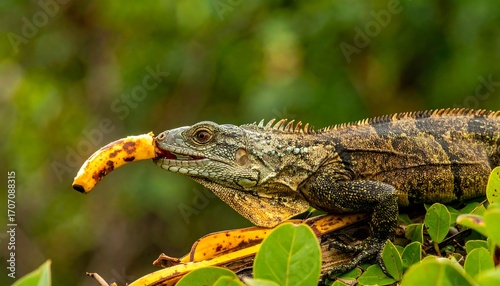A large reptile, with textured skin, bites into a yellow fruit. Its eye focuses as it eats on a leafy branch