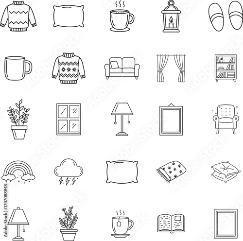 Cozy Home and Hygge Lifestyle Vector Line Icon Set