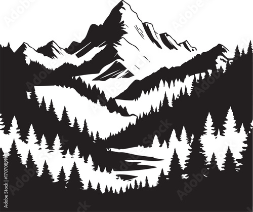 Scenic wilderness landscape showcasing mountains and tall conifer trees