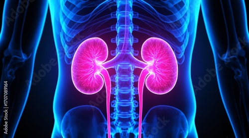 The kidneys are depicted in vibrant pink with intricate internal structures, connected to the ureters which extend downwards.