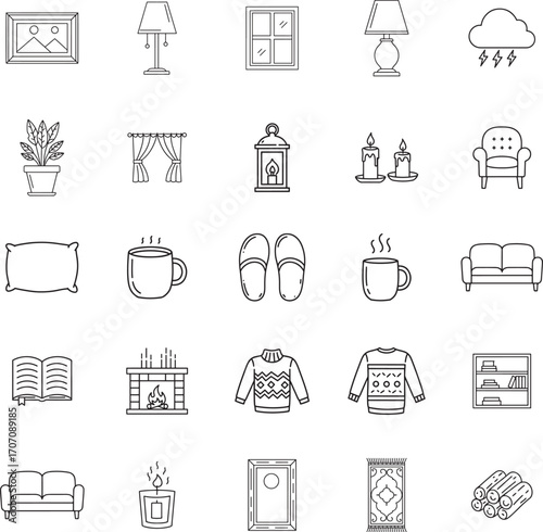 Cozy Home and Hygge Lifestyle Vector Line Icon Set
