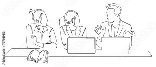 Continuous line art of business men and women working in front of laptops with open books in front of them while discussing. Concept of busy business owners.

