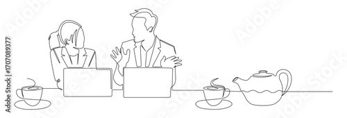 Continuous line art of a business man and woman working in front of a laptop while discussing with a cup of coffee and a teapot. The concept of a busy business owner.

