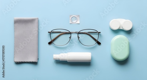 Eye care flatlay: frames, cleaning cloth, lens case, arranged neatly.