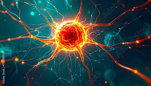 3D microscopic view of a cancer cell with angiogenesis, glowing orange and red