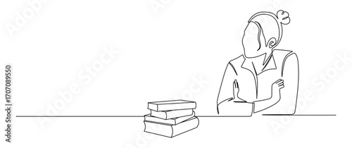 Continuous line art of a businesswoman sitting and looking at a pile of books beside her. concept of a busy business owner.

