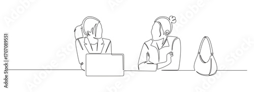 Continuous line art of two businesswomen discussing with colleagues in front of laptops and bags beside them. The concept of a compact work team.