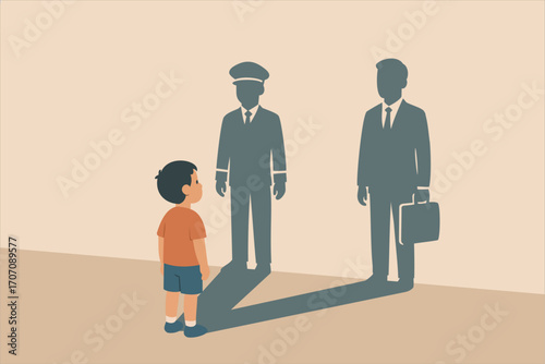 Vector illustration of a young boy looking at a wall where his shadow reveals two adult figures representing future dreams, career aspirations, and life choices.