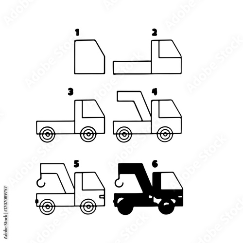 Step-by-step guide showing how to draw a tow truck, perfect for educational use