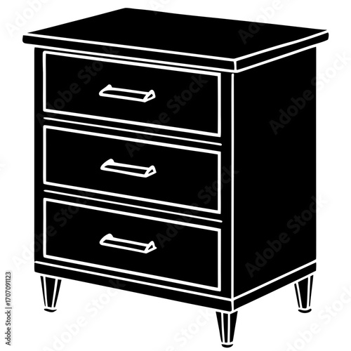 Black silhouette of a three drawer nightstand with tapered legs isolated on white background