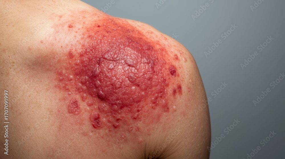 Fototapeta premium A very close-up and detailed macro shot of a human shoulder, showing a severe skin rash with small, red, fluid-filled blisters and irritated, swollen skin.