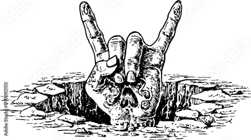 Hand making a rock gesture with a skull in broken ground. Vintage vector illustration featuring intricate details in black and white.