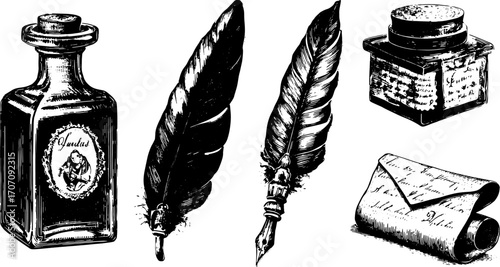 Vintage inkwell and quill set with ink and parchment. Classic vector illustration featuring historical writing tools.