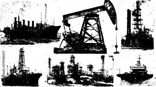 Vintage illustration set of oil extraction machinery: ships, drilling rigs, and industrial equipment in line and outline style. Vector illustration for historical context.