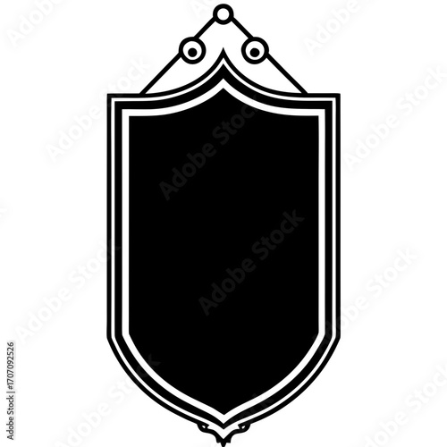 Black shield emblem with decorative top elements isolated on white background silhouette