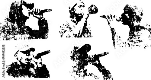 Singer with a microphone in a vintage illustration style. Black and white vector set showcases music artists in expressive engravings.