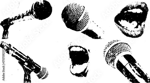 Vintage microphone and mouth illustration set in black and white. Detailed graphic vector showcasing vocal expression in a line drawing style.