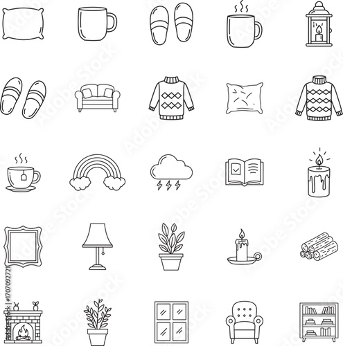 Cozy Home and Hygge Lifestyle Vector Line Icon Set