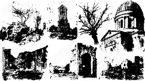 Engravings of vintage architecture and ruins with trees. Black and white vector illustration set creates a unique visual representation.