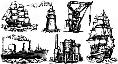Vintage ship and lighthouse engravings. Nautical illustrations in a monochrome style vector set depicting maritime industry and equipment.