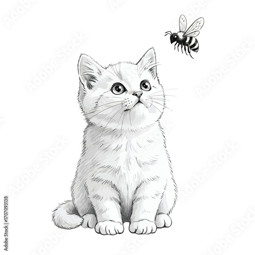 Illustration of cute kitten looking up at a bee