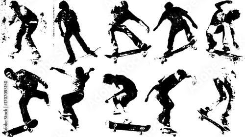 Skateboarding skater in a dynamic vector illustration style. Vintage line drawing set, featuring black and white movements and tricks.