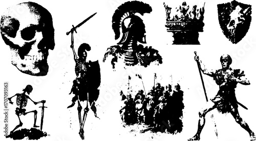 Skeletons and warriors illustrated in a monochrome vector set, featuring skulls, swords, and shields in an ancient battle scene.