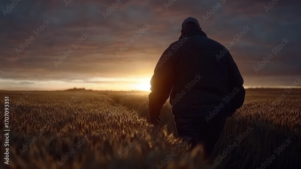 Fototapeta premium Solitary Figure Walking Through Golden Wheat Field at Sunset with Dramatic Sky and Nature Scenery