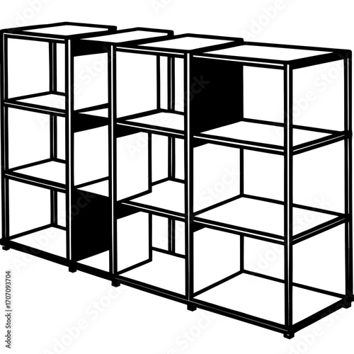 Modern black modular shelving unit with multiple open cubbies silhouette isolated on white background