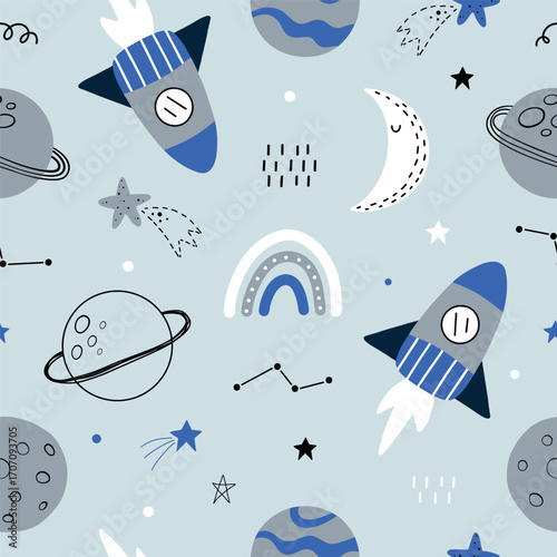 Seamless pattern with cute planets, stars, ufo, earth, constellations, rockets, space, saturn on sky blue background. Creative kids texture for fabric, prints, wallpaper, decorations, textiles.