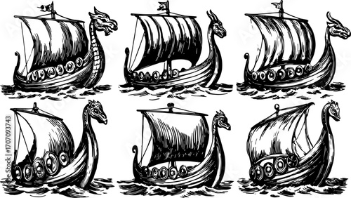 Illustration of Viking ships with dragon heads. Classic black and white vector set showcasing traditional maritime design elements.