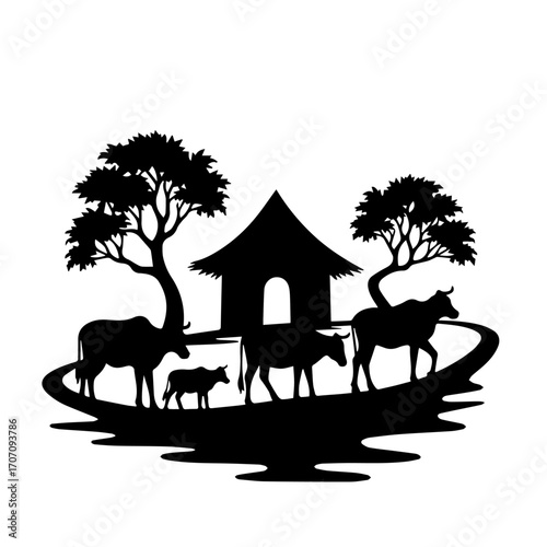 Rustic Village Life Silhouettes with Farmers, Huts & tree