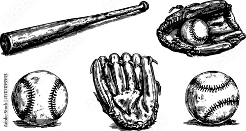 Baseball equipment set including bat, glove, and balls in vintage sketch style. Hand-drawn vector illustration in black and white.