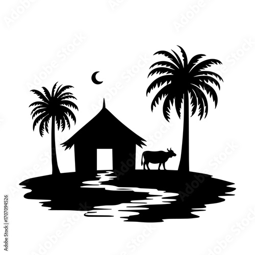 Rustic Village Life Silhouettes with Farmers, Huts & tree