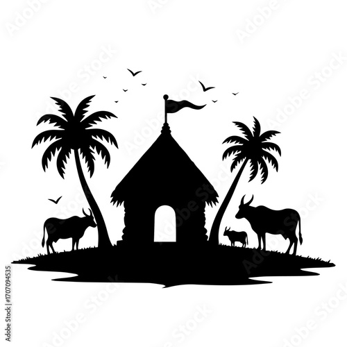 Rustic Village Life Silhouettes with Farmers, Huts & tree