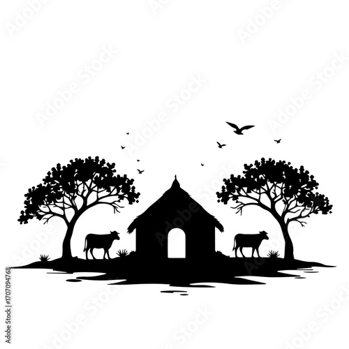 Rustic Village Life Silhouettes with Farmers, Huts & tree