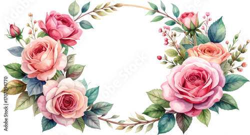 Elegant rose floral frame for greeting cards. Romantic rose wreath for invitations. Vintage floral wreath for elegant designs. Soft pink roses with green leaves frame. Watercolor rose wreath
