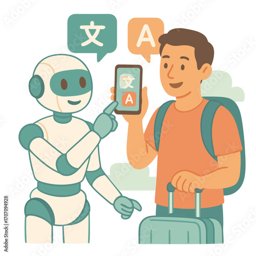 Flat vector illustration of robot helping traveler with translation app. Artificial intelligence, machine translation, language learning and travel technology concept