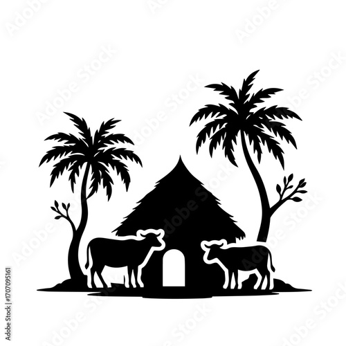 Rustic Village Life Silhouettes with Farmers, Huts & tree