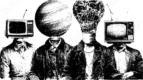 Engravings featuring men with unique head objects in a vintage style. A creative black and white vector illustration set showcasing distinct concepts.