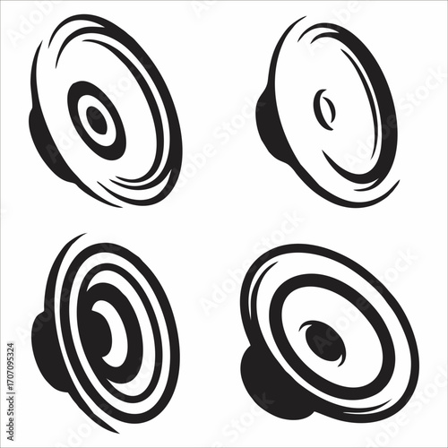 A collection of four dynamic audio speaker icons isolated on white. A monochrome set of stylized sound system woofer graphics for music and sound concepts