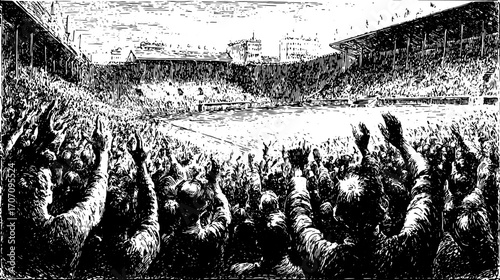 Crowd at a sporting event cheering in an engraving style. This black and white vector illustration showcases the excitement of fans in a stadium set.