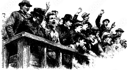 Crowd of people in a vintage vector illustration. Engravings showing expressions and reactions in a historical black and white set.