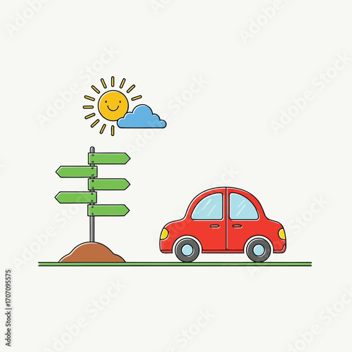 Illustration of cute cartoon red car at a crossroads with a smiling sun