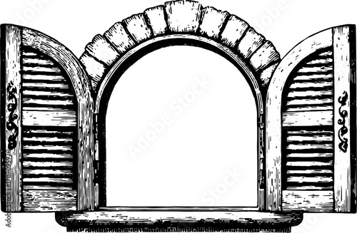 Vintage window engraving with ornate shutters and arch design. This detailed black and white vector illustration showcases classic craftsmanship.