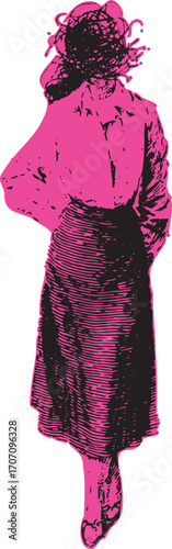 Engraving art of a vintage fashion silhouette in pink and black. This set showcases a stylish female figure in an elegant pose, vector illustration.