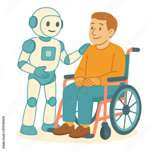 Flat vector illustration of robot assisting man in wheelchair. Artificial intelligence, healthcare robotics, disability support and assistive technology concept