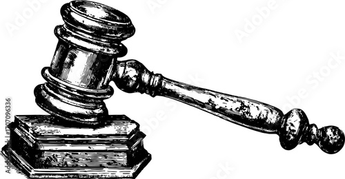Gavel illustration in vintage engraving style. Detailed black and white outline art showcasing a judicial symbol in vector format.